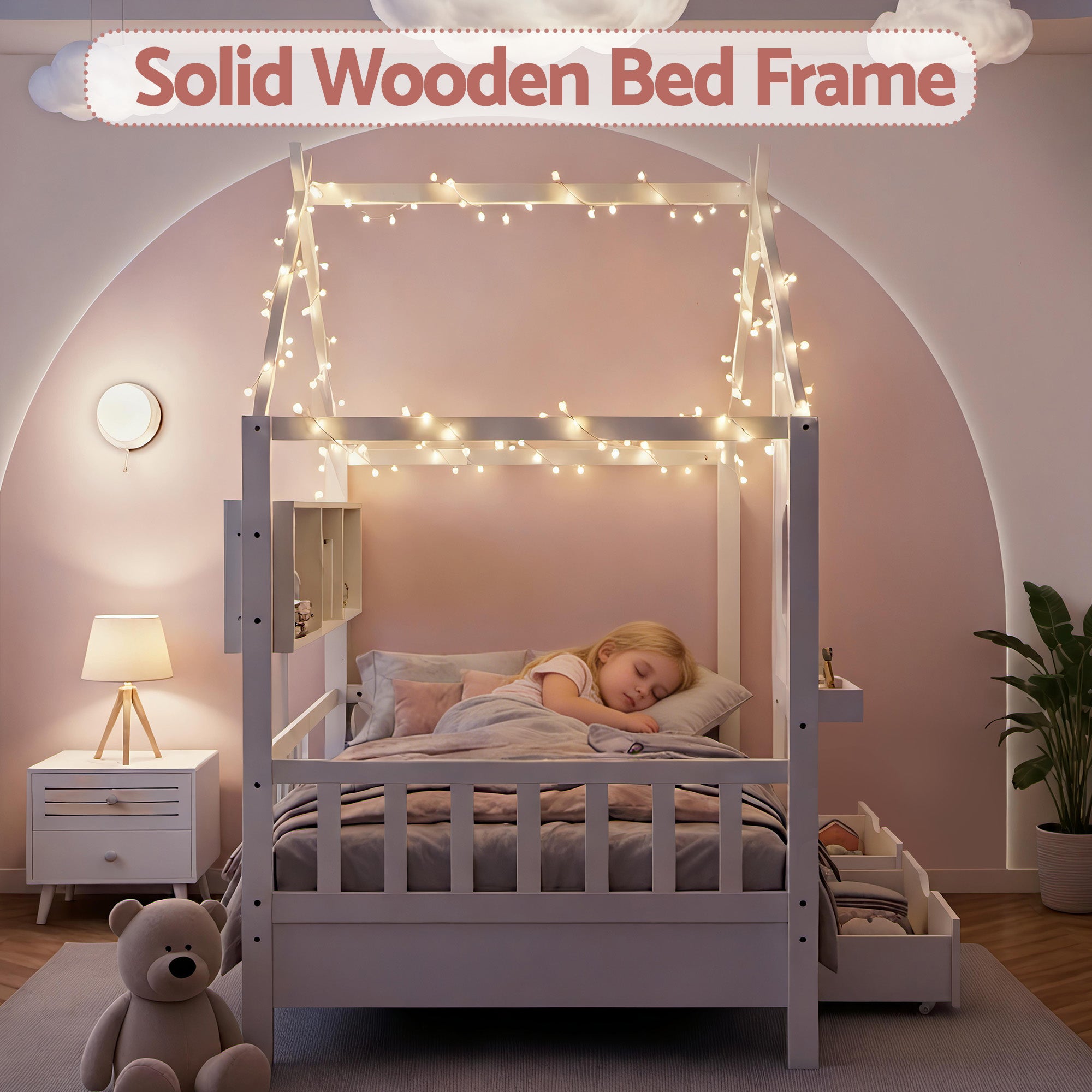 Artiss Kids Single Bed Frame with 3 Storage Bookcase & 2 Drawers House Bed Solid Wood Montessori Bed Easy WBED-F-DREGO-S-WH-DRAW
