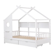 Artiss Kids Single Bed Frame with 3 Storage Bookcase & 2 Drawers House Bed Solid Wood Montessori Bed Easy WBED-F-DREGO-S-WH-DRAW
