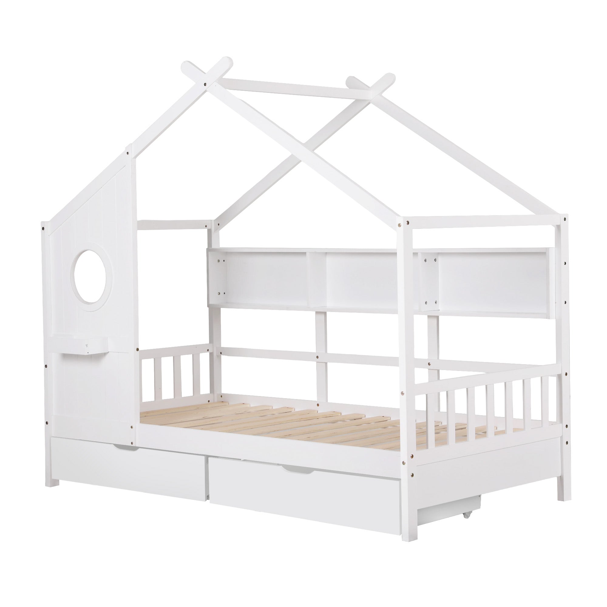 Artiss Kids Single Bed Frame with 3 Storage Bookcase & 2 Drawers House Bed Solid Wood Montessori Bed Easy WBED-F-DREGO-S-WH-DRAW