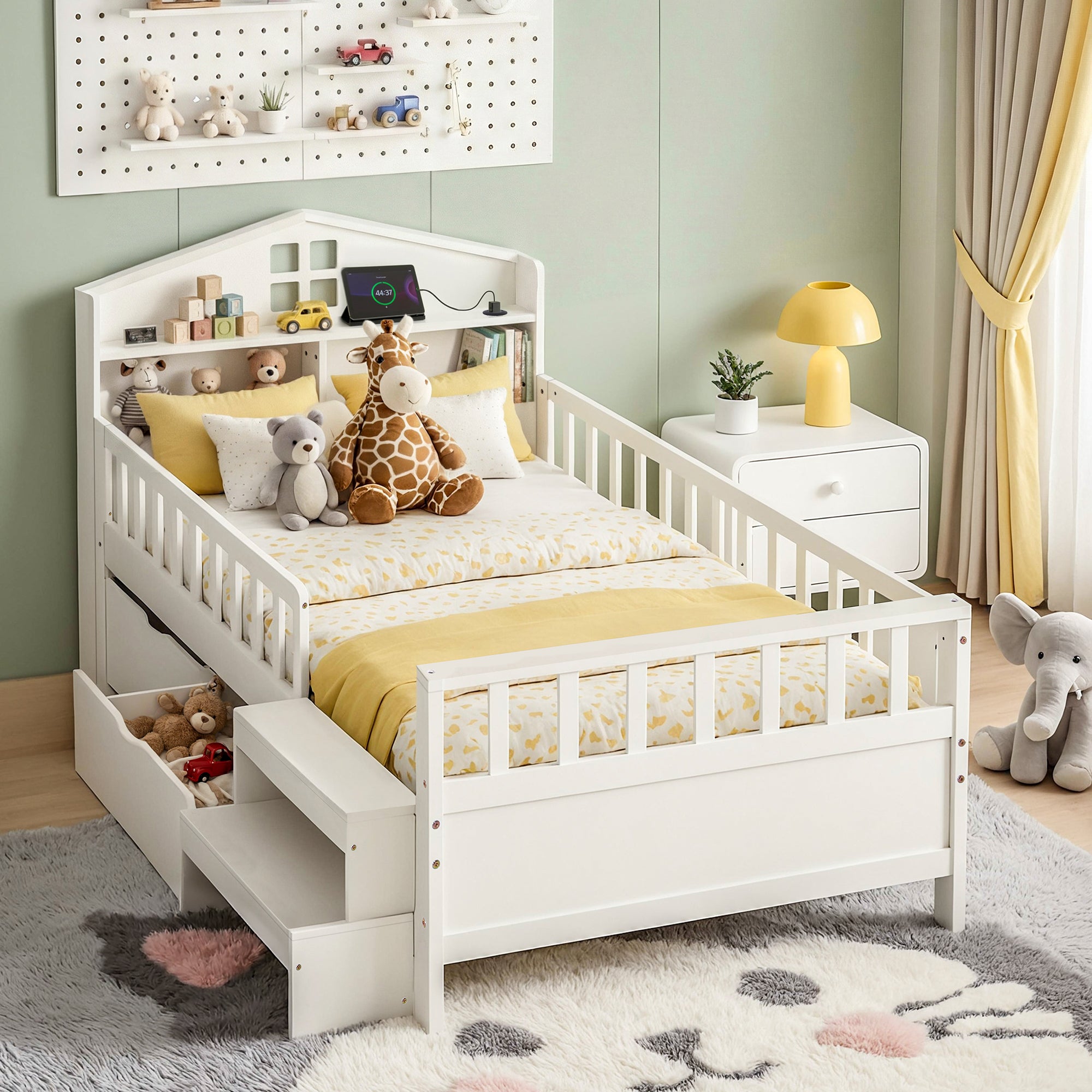 Artiss Single Bed Frame with 2 Storage Drawers, Montessori Bed with Headboard, 2 USB Ports & Led Light, Solid WBED-F-HOMIX-S-WH-AB