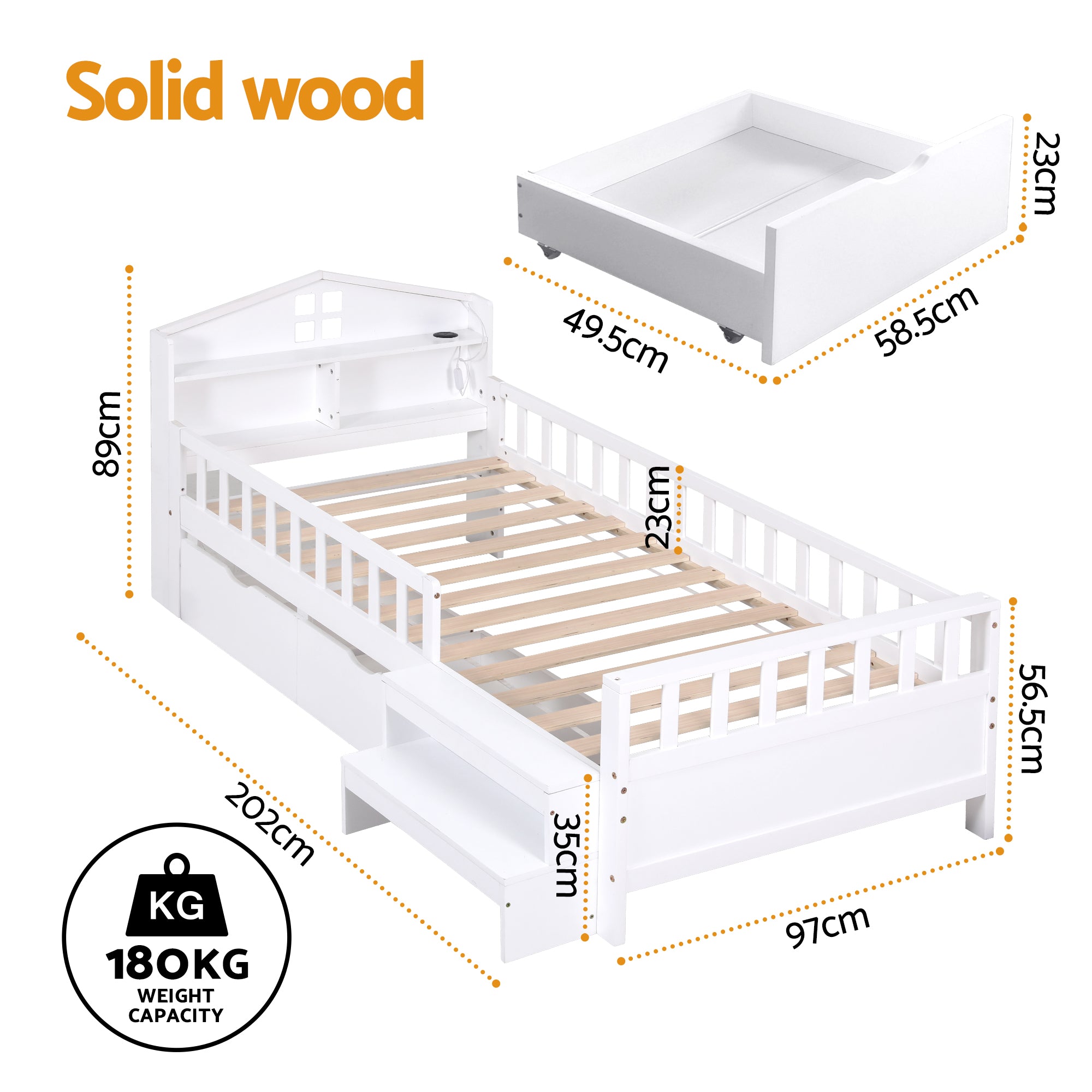Artiss Single Bed Frame with 2 Storage Drawers, Montessori Bed with Headboard, 2 USB Ports & Led Light, Solid WBED-F-HOMIX-S-WH-AB
