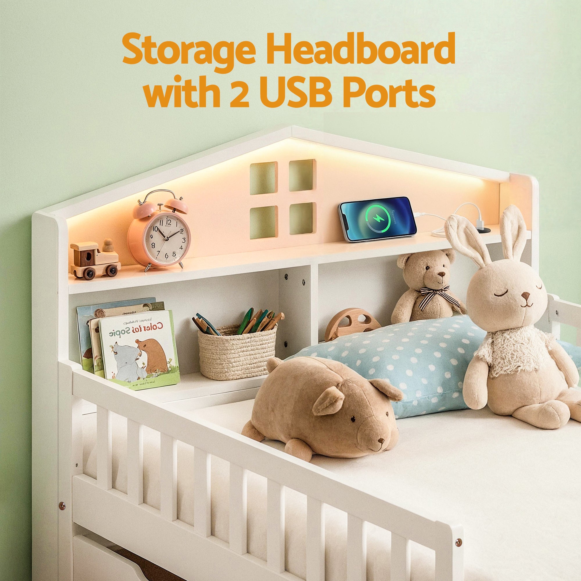Artiss Single Bed Frame with 2 Storage Drawers, Montessori Bed with Headboard, 2 USB Ports & Led Light, Solid WBED-F-HOMIX-S-WH-AB
