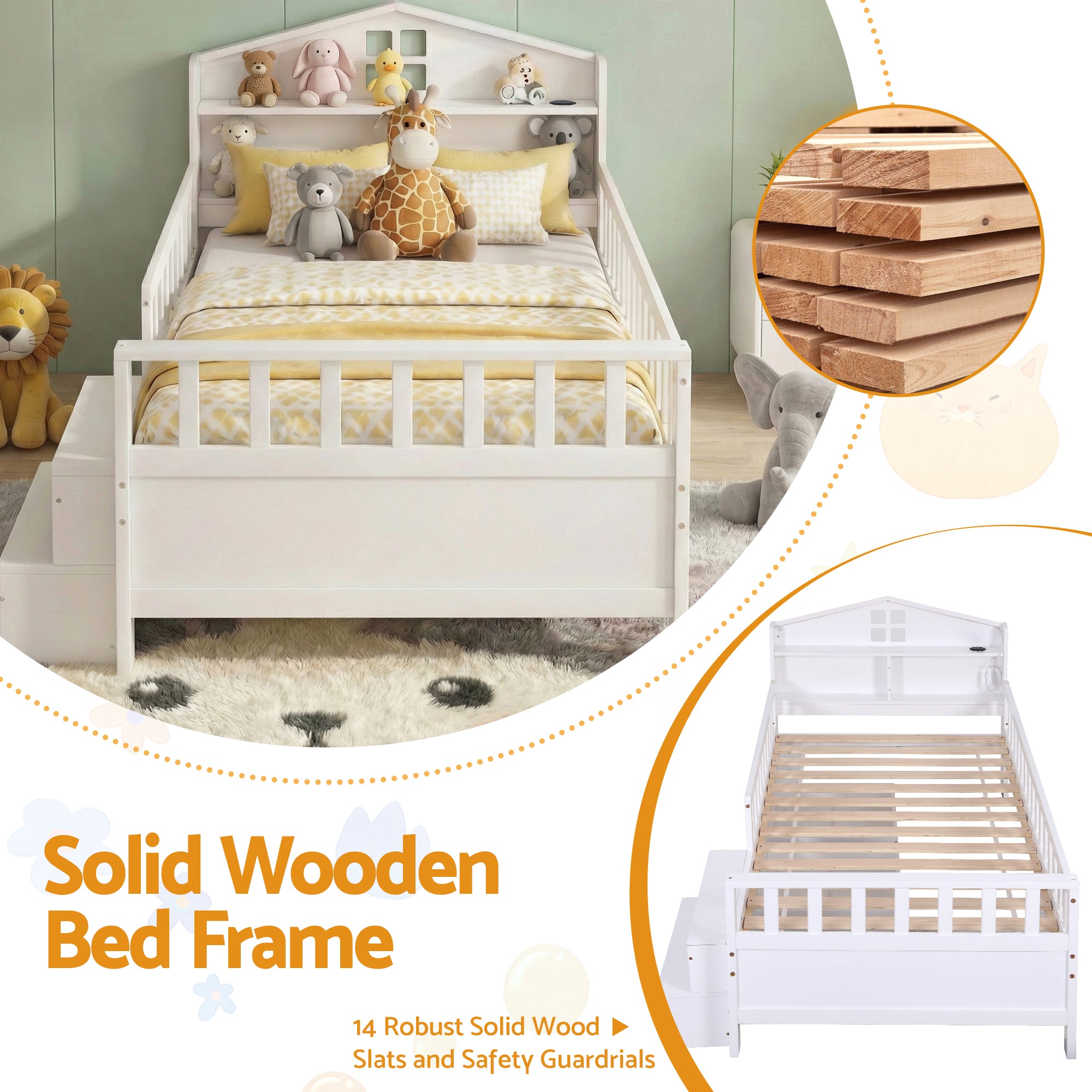 Artiss Single Bed Frame with 2 Storage Drawers, Montessori Bed with Headboard, 2 USB Ports & Led Light, Solid WBED-F-HOMIX-S-WH-AB
