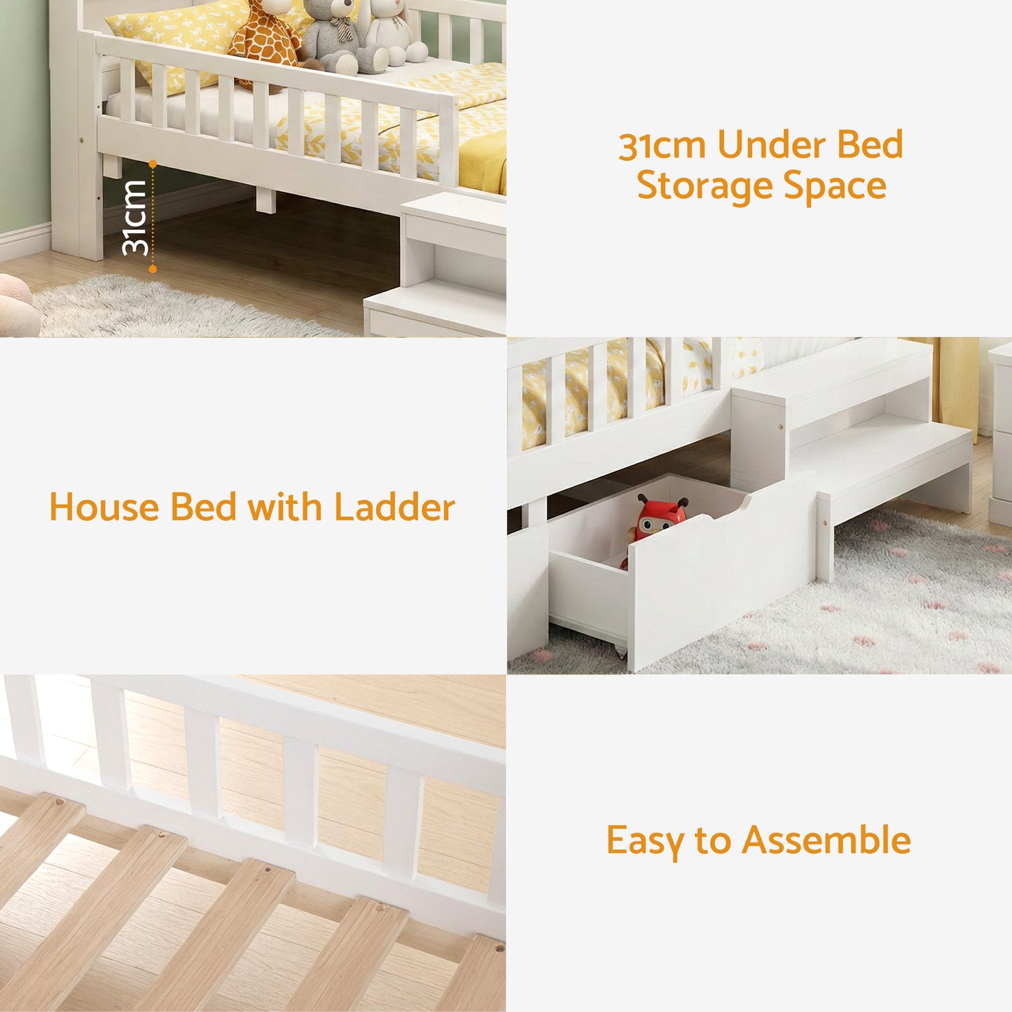 Artiss Single Bed Frame with 2 Storage Drawers, Montessori Bed with Headboard, 2 USB Ports & Led Light, Solid WBED-F-HOMIX-S-WH-AB