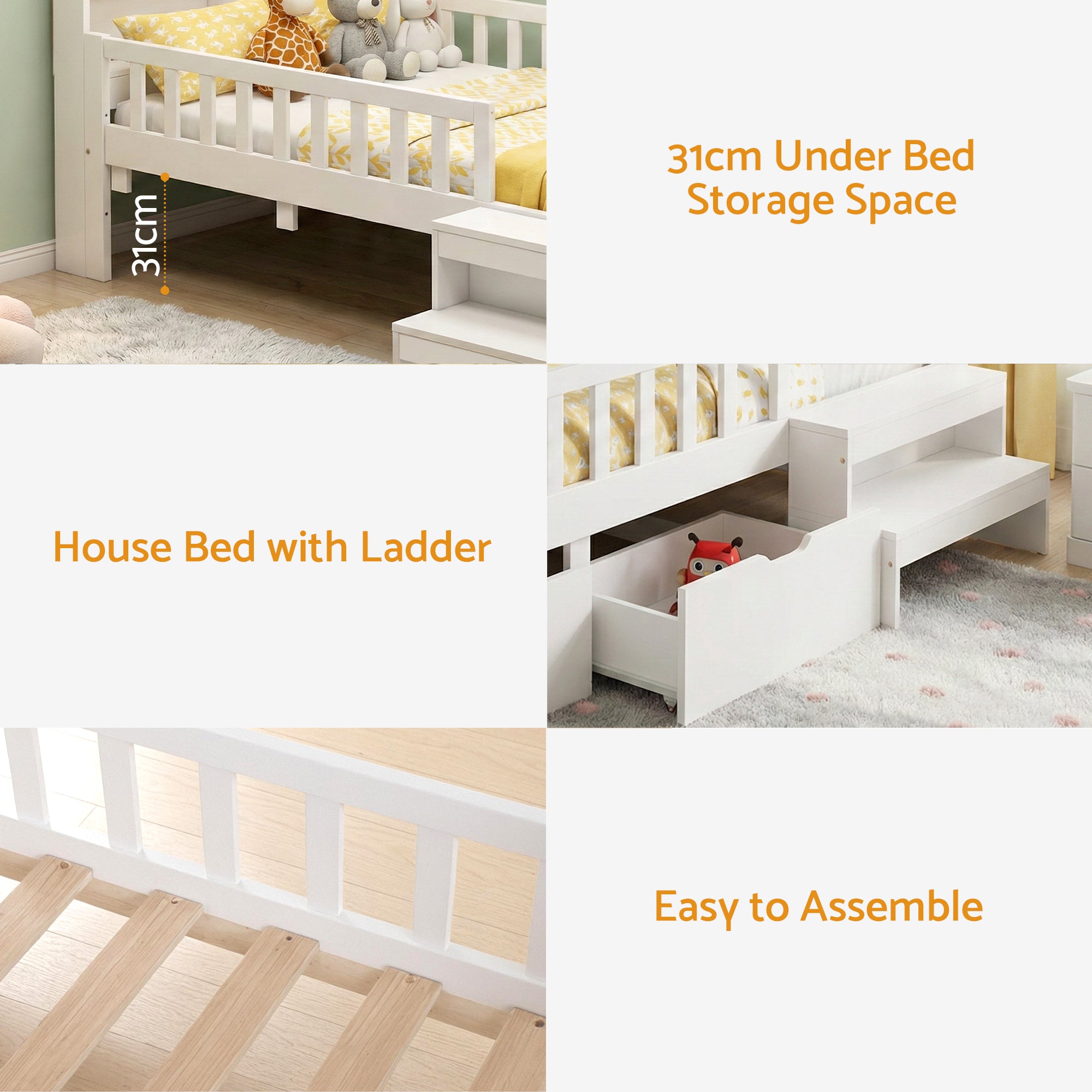 Artiss Single Bed Frame with 2 Storage Drawers, Montessori Bed with Headboard, 2 USB Ports & Led Light, Solid WBED-F-HOMIX-S-WH-AB