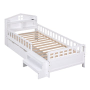 Artiss Single Bed Frame with 2 Storage Drawers, Montessori Bed with Headboard, 2 USB Ports & Led Light, Solid WBED-F-HOMIX-S-WH-AB