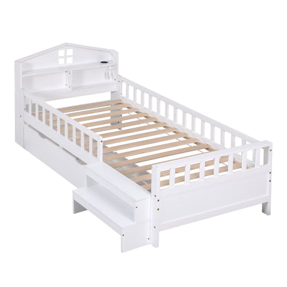 Artiss Single Bed Frame with 2 Storage Drawers, Montessori Bed with Headboard, 2 USB Ports & Led Light, Solid WBED-F-HOMIX-S-WH-AB