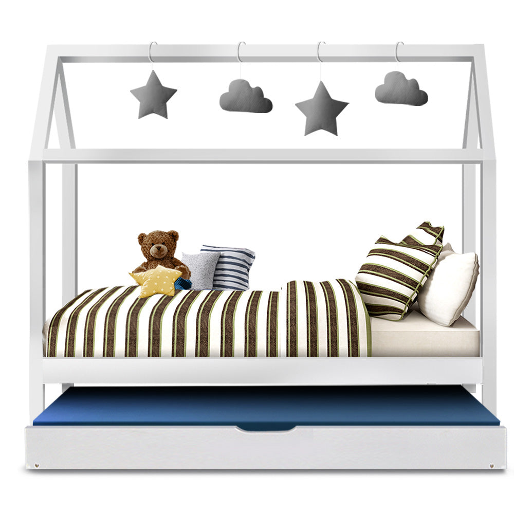 Artiss Bed Frame Wooden Trundle Daybed Kids House Frame White HOLY WBED-F-HOUSE-HOLY-S-AB