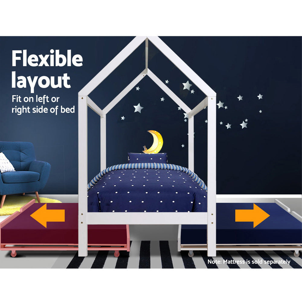 Artiss Bed Frame Wooden Trundle Daybed Kids House Frame White HOLY WBED-F-HOUSE-HOLY-S-AB