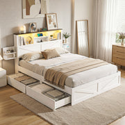 Artiss Double Bed Frame with Storage Drawers White Platform Bedframe with Bookcase Headboard Charging Station WBED-F-LUMEX-D-WH-ABC