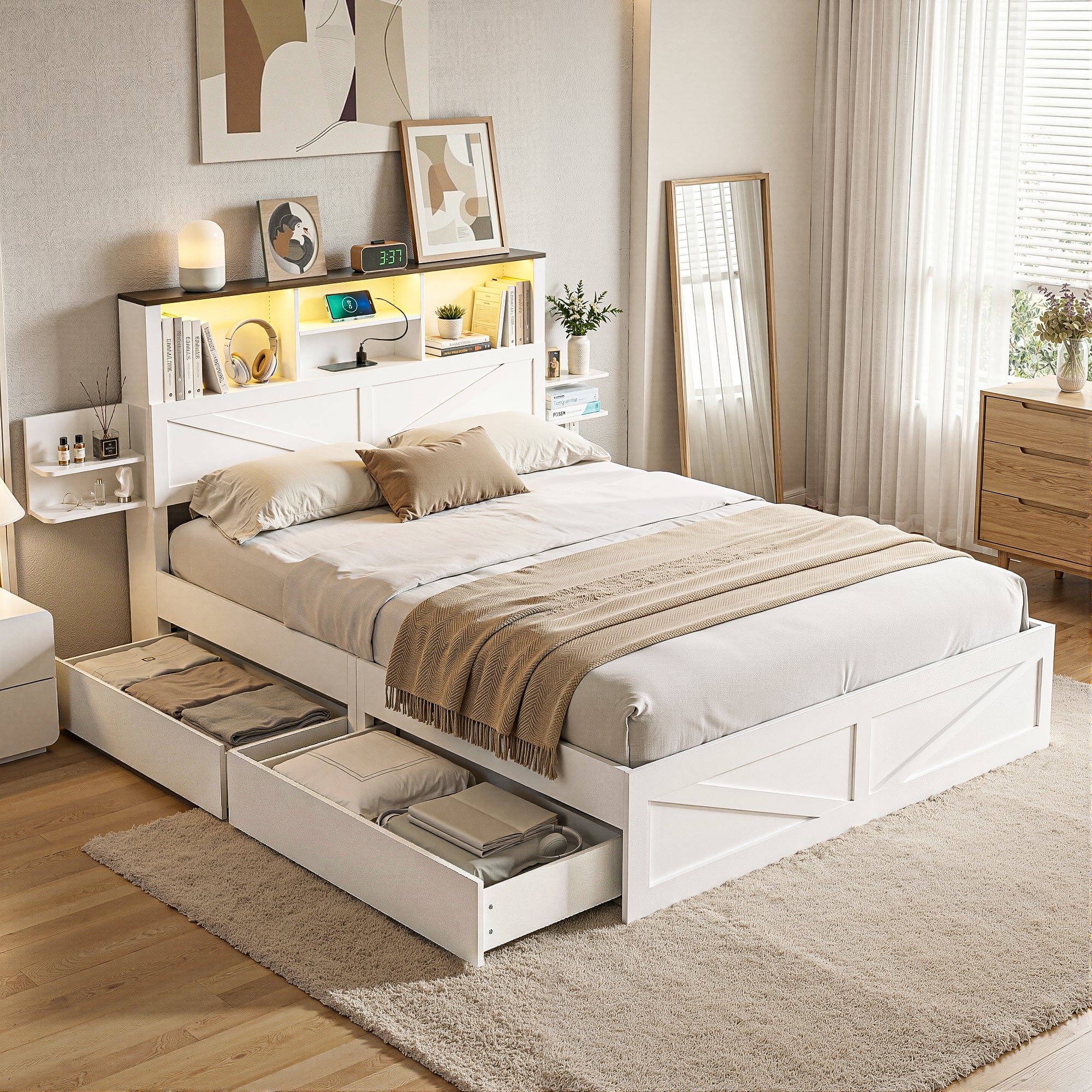 Artiss Double Bed Frame with Storage Drawers White Platform Bedframe with Bookcase Headboard Charging Station WBED-F-LUMEX-D-WH-ABC