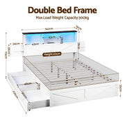 Artiss Double Bed Frame with Storage Drawers White Platform Bedframe with Bookcase Headboard Charging Station WBED-F-LUMEX-D-WH-ABC