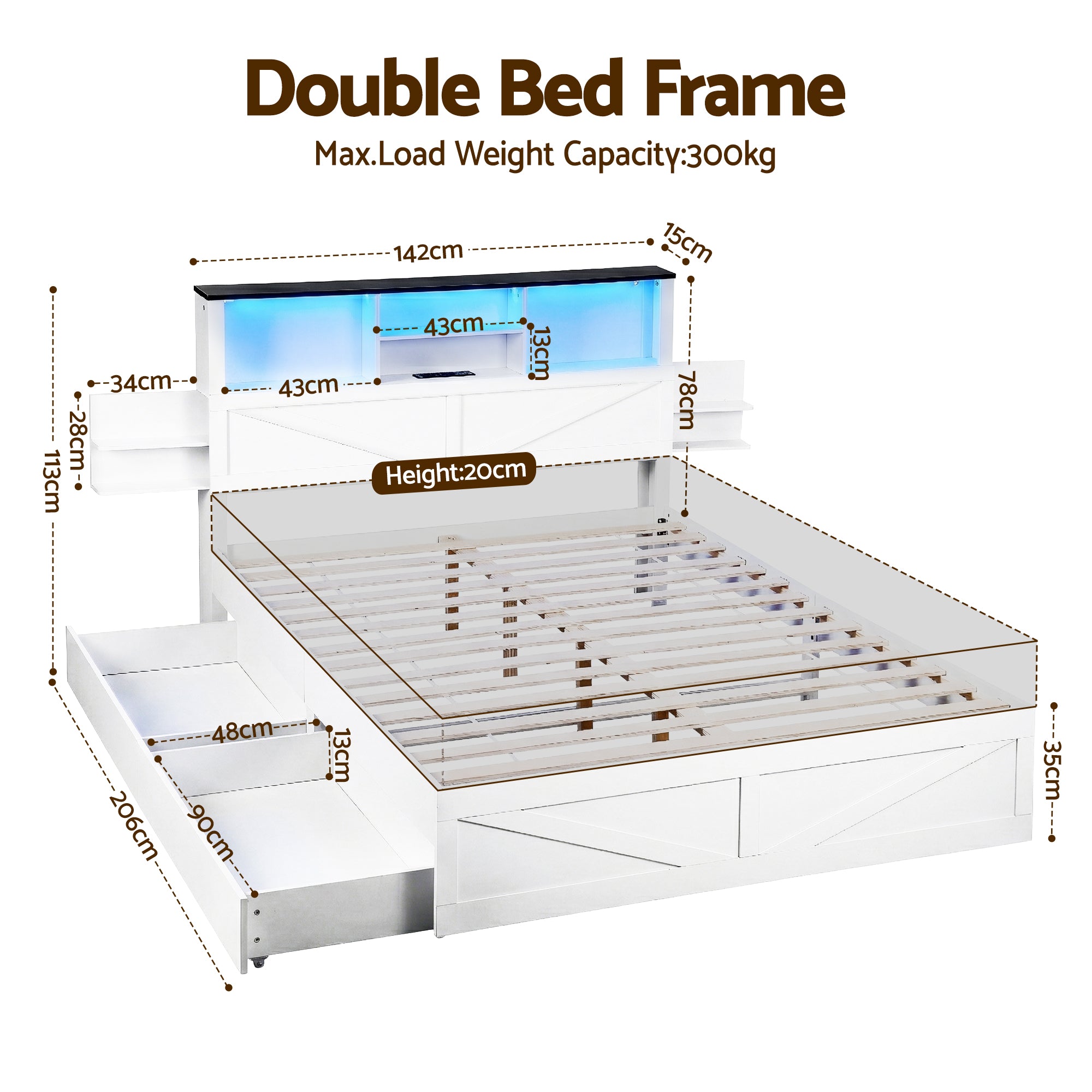 Artiss Double Bed Frame with Storage Drawers White Platform Bedframe with Bookcase Headboard Charging Station WBED-F-LUMEX-D-WH-ABC