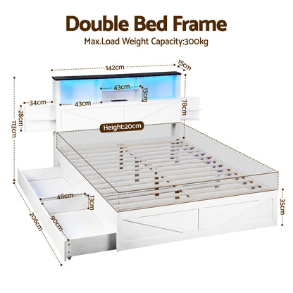 Artiss Double Bed Frame with Storage Drawers White Platform Bedframe with Bookcase Headboard Charging Station WBED-F-LUMEX-D-WH-ABC