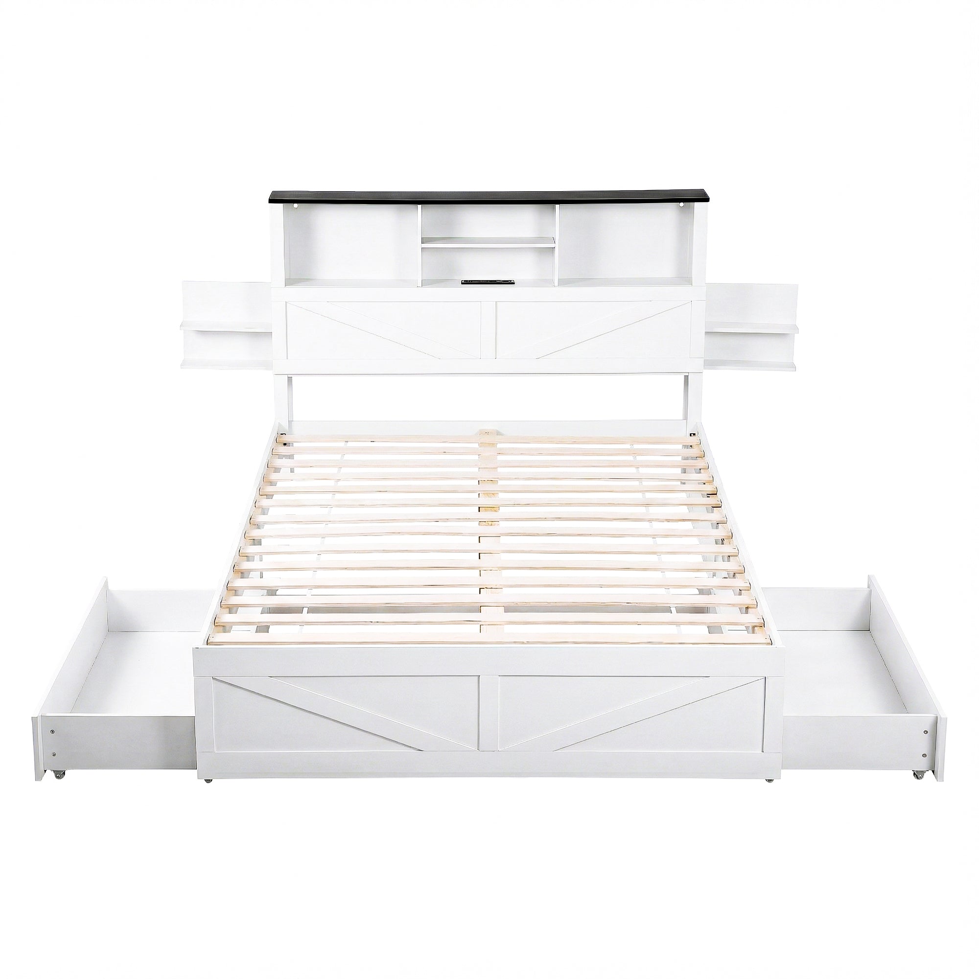 Artiss Double Bed Frame with Storage Drawers White Platform Bedframe with Bookcase Headboard Charging Station WBED-F-LUMEX-D-WH-ABC