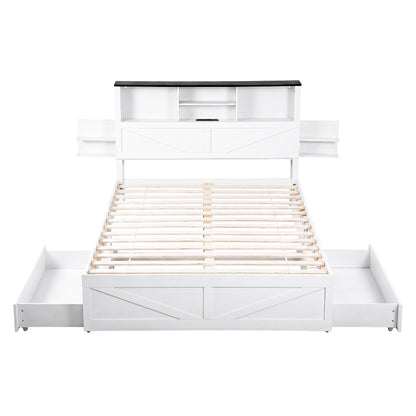 Artiss Double Bed Frame with Storage Drawers White Platform Bedframe with Bookcase Headboard Charging Station WBED-F-LUMEX-D-WH-ABC