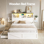 Artiss Double Bed Frame with Storage Drawers White Platform Bedframe with Bookcase Headboard Charging Station WBED-F-LUMEX-D-WH-ABC