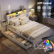Artiss Double Bed Frame with Storage Drawers White Platform Bedframe with Bookcase Headboard Charging Station WBED-F-LUMEX-D-WH-ABC