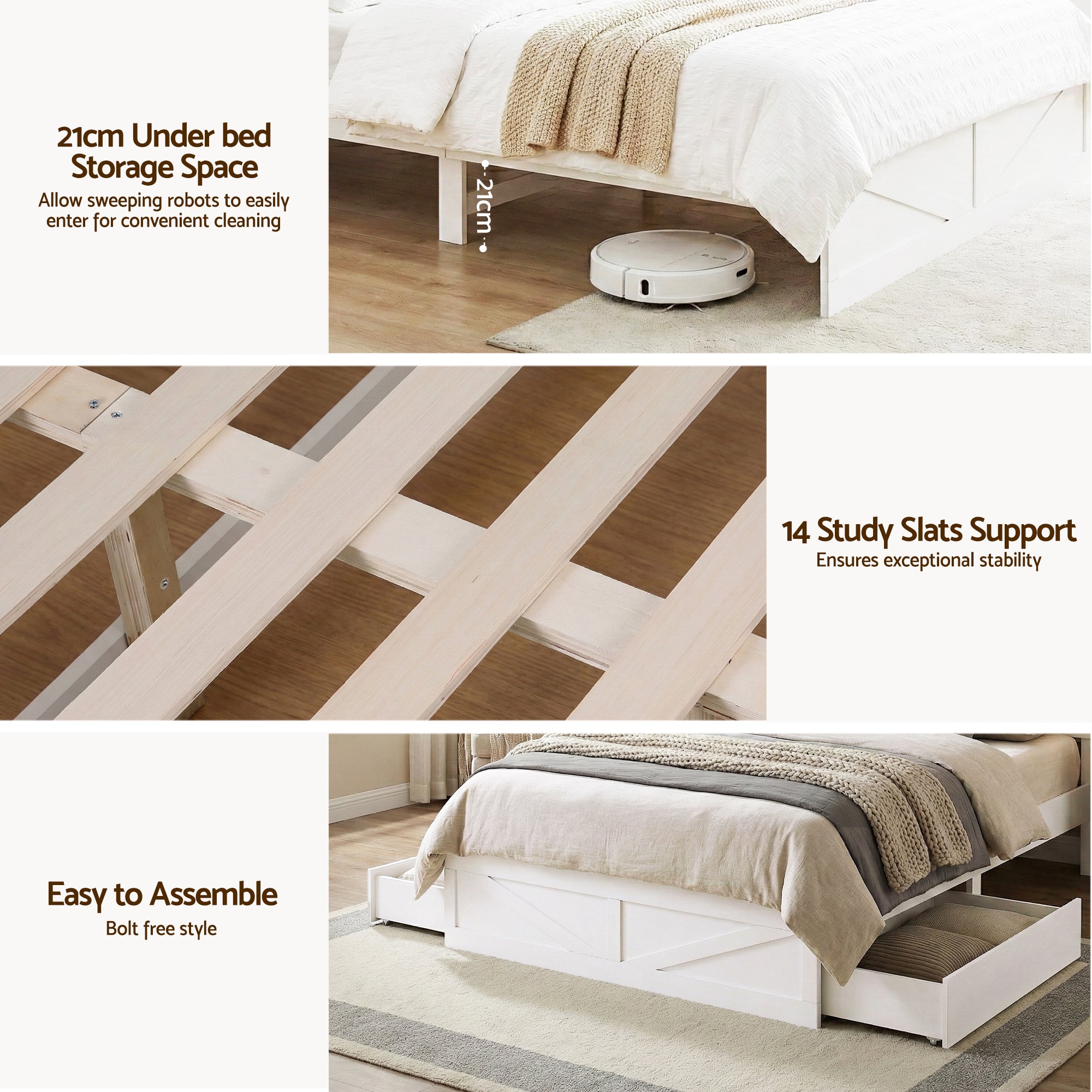 Artiss Double Bed Frame with Storage Drawers White Platform Bedframe with Bookcase Headboard Charging Station WBED-F-LUMEX-D-WH-ABC