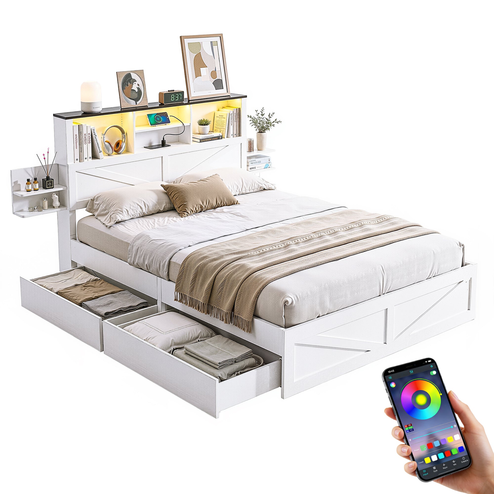 Artiss Double Bed Frame with Storage Drawers White Platform Bedframe with Bookcase Headboard Charging Station WBED-F-LUMEX-D-WH-ABC