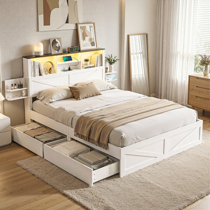 Artiss Queen Bed Frame with Storage Drawers White Platform Bedframe with Bookcase Headboard Charging Station WBED-F-LUMEX-Q-WH-ABC
