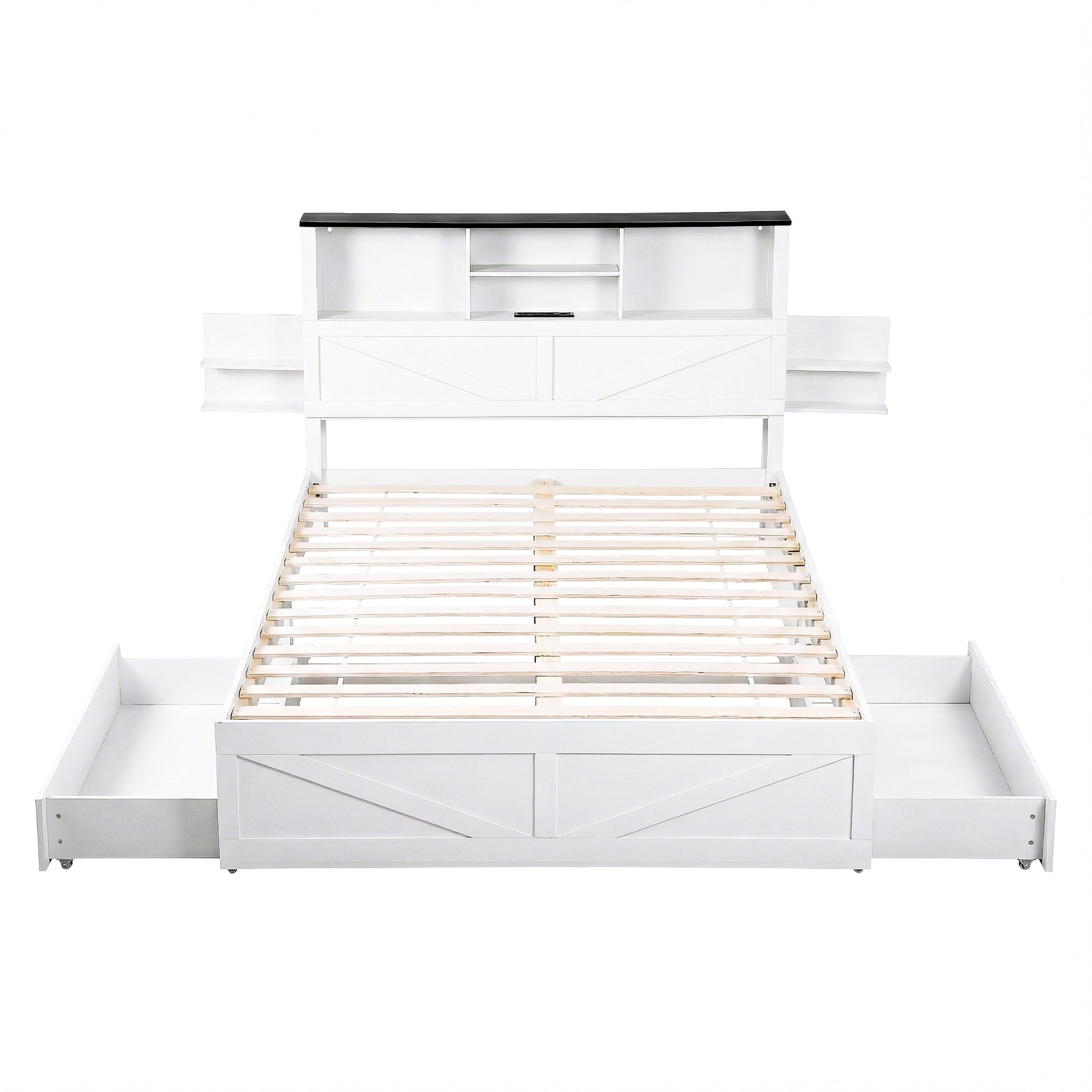 Artiss Queen Bed Frame with Storage Drawers White Platform Bedframe with Bookcase Headboard Charging Station WBED-F-LUMEX-Q-WH-ABC