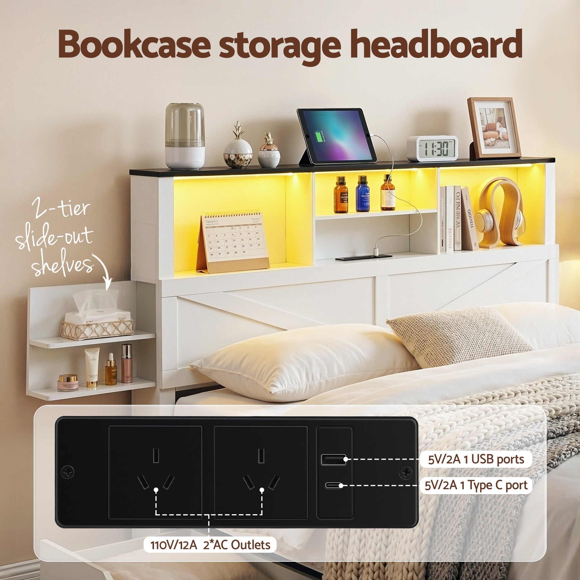 Artiss Queen Bed Frame with Storage Drawers White Platform Bedframe with Bookcase Headboard Charging Station WBED-F-LUMEX-Q-WH-ABC