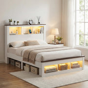 Artiss Double Bed Frame with Storage Bookcase Headboard and Footboard White Wooden Platform Bed with Charging WBED-F-LYMES-D-WH-ABC