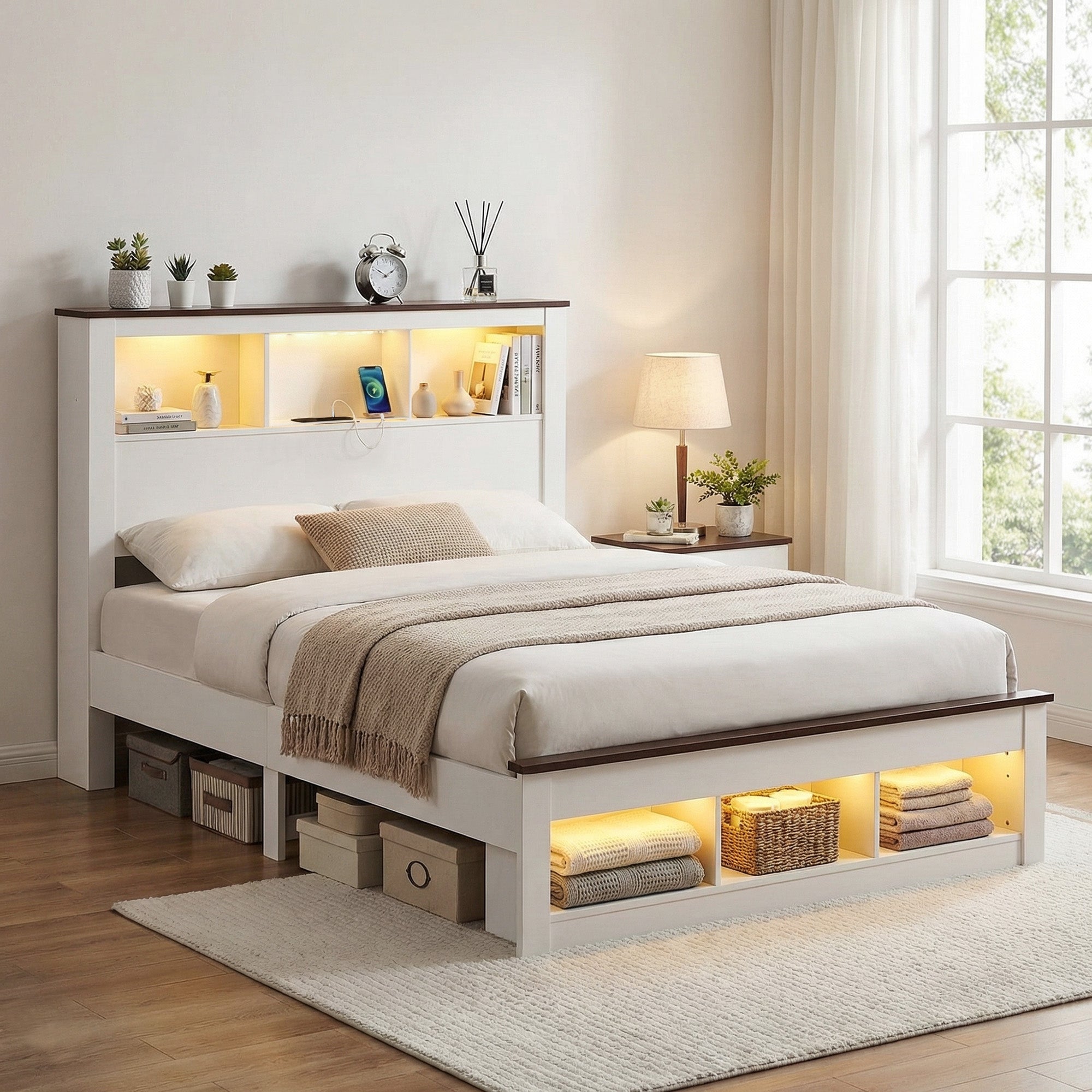 Artiss Double Bed Frame with Storage Bookcase Headboard and Footboard White Wooden Platform Bed with Charging WBED-F-LYMES-D-WH-ABC