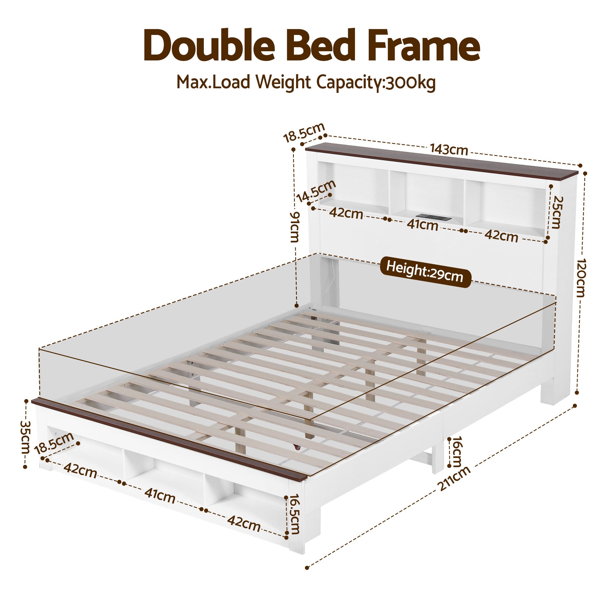 Artiss Double Bed Frame with Storage Bookcase Headboard and Footboard White Wooden Platform Bed with Charging WBED-F-LYMES-D-WH-ABC