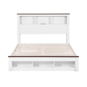 Artiss Double Bed Frame with Storage Bookcase Headboard and Footboard White Wooden Platform Bed with Charging WBED-F-LYMES-D-WH-ABC