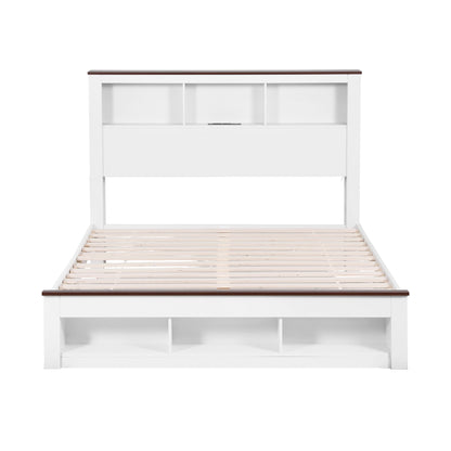 Artiss Double Bed Frame with Storage Bookcase Headboard and Footboard White Wooden Platform Bed with Charging WBED-F-LYMES-D-WH-ABC