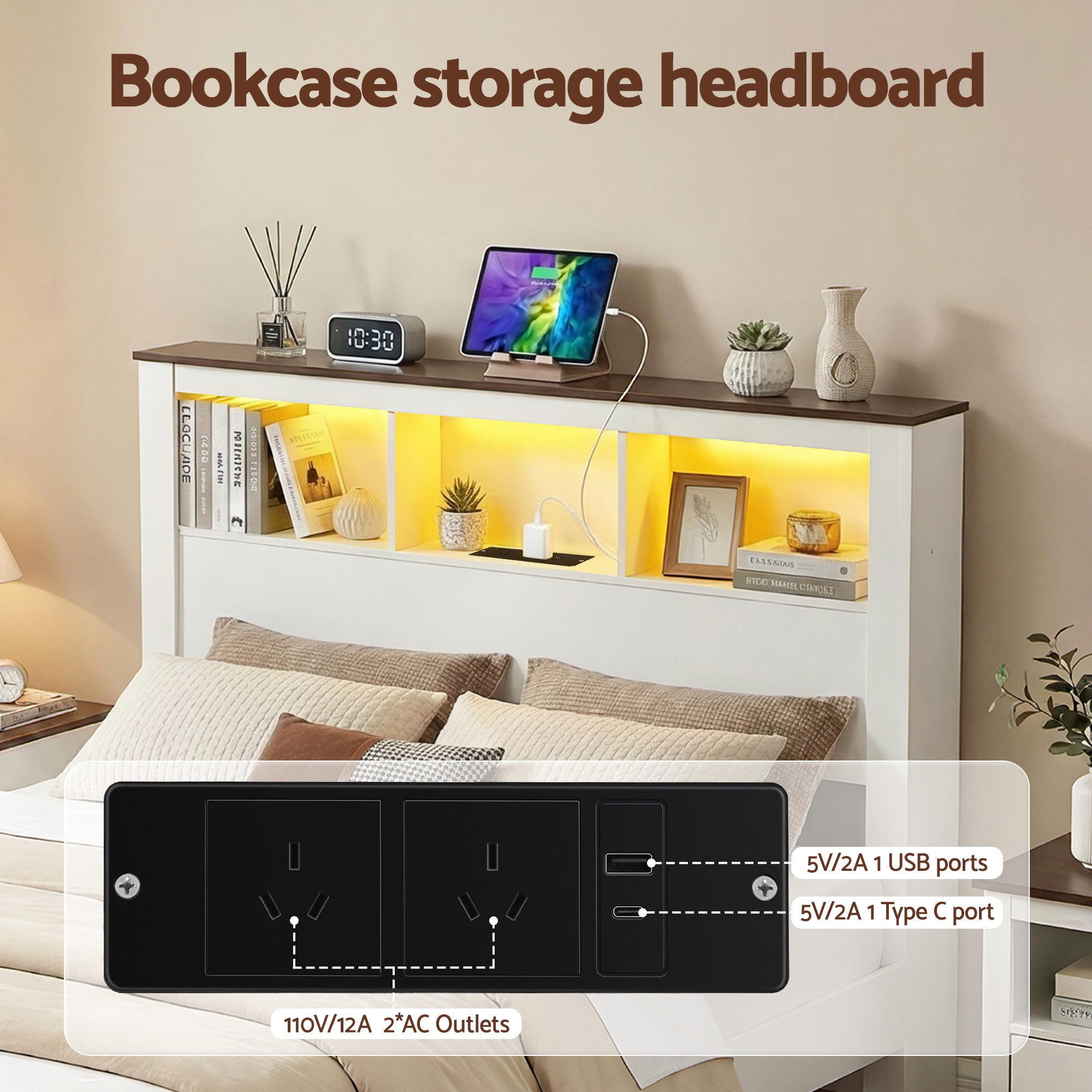 Artiss Double Bed Frame with Storage Bookcase Headboard and Footboard White Wooden Platform Bed with Charging WBED-F-LYMES-D-WH-ABC