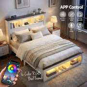 Artiss Double Bed Frame with Storage Bookcase Headboard and Footboard White Wooden Platform Bed with Charging WBED-F-LYMES-D-WH-ABC