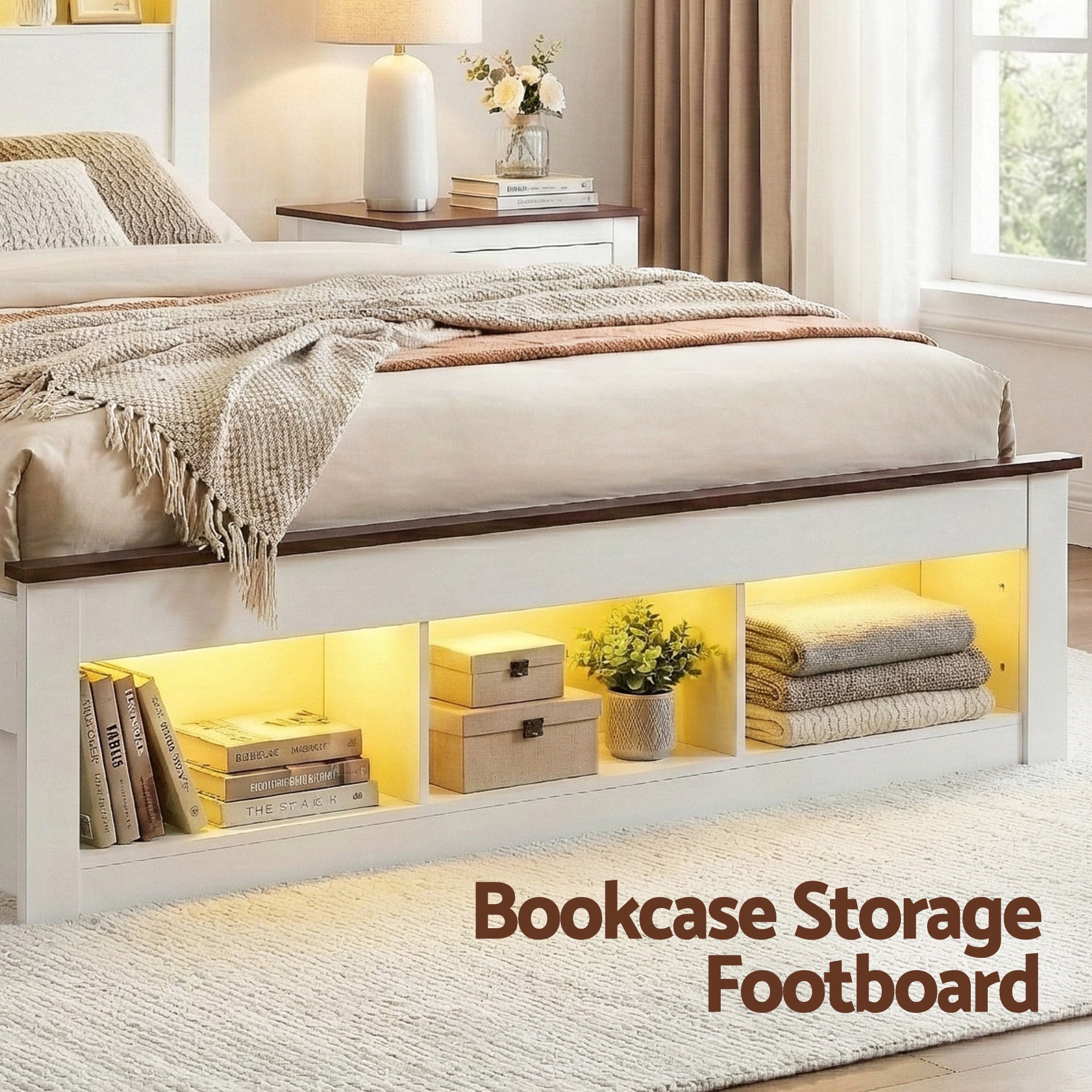 Artiss Double Bed Frame with Storage Bookcase Headboard and Footboard White Wooden Platform Bed with Charging WBED-F-LYMES-D-WH-ABC