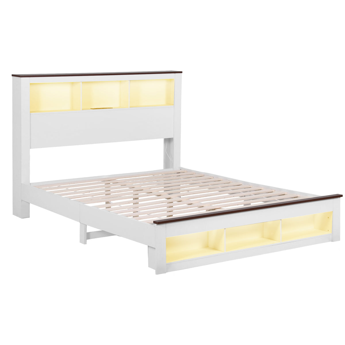 Artiss Double Bed Frame with Storage Bookcase Headboard and Footboard White Wooden Platform Bed with Charging WBED-F-LYMES-D-WH-ABC