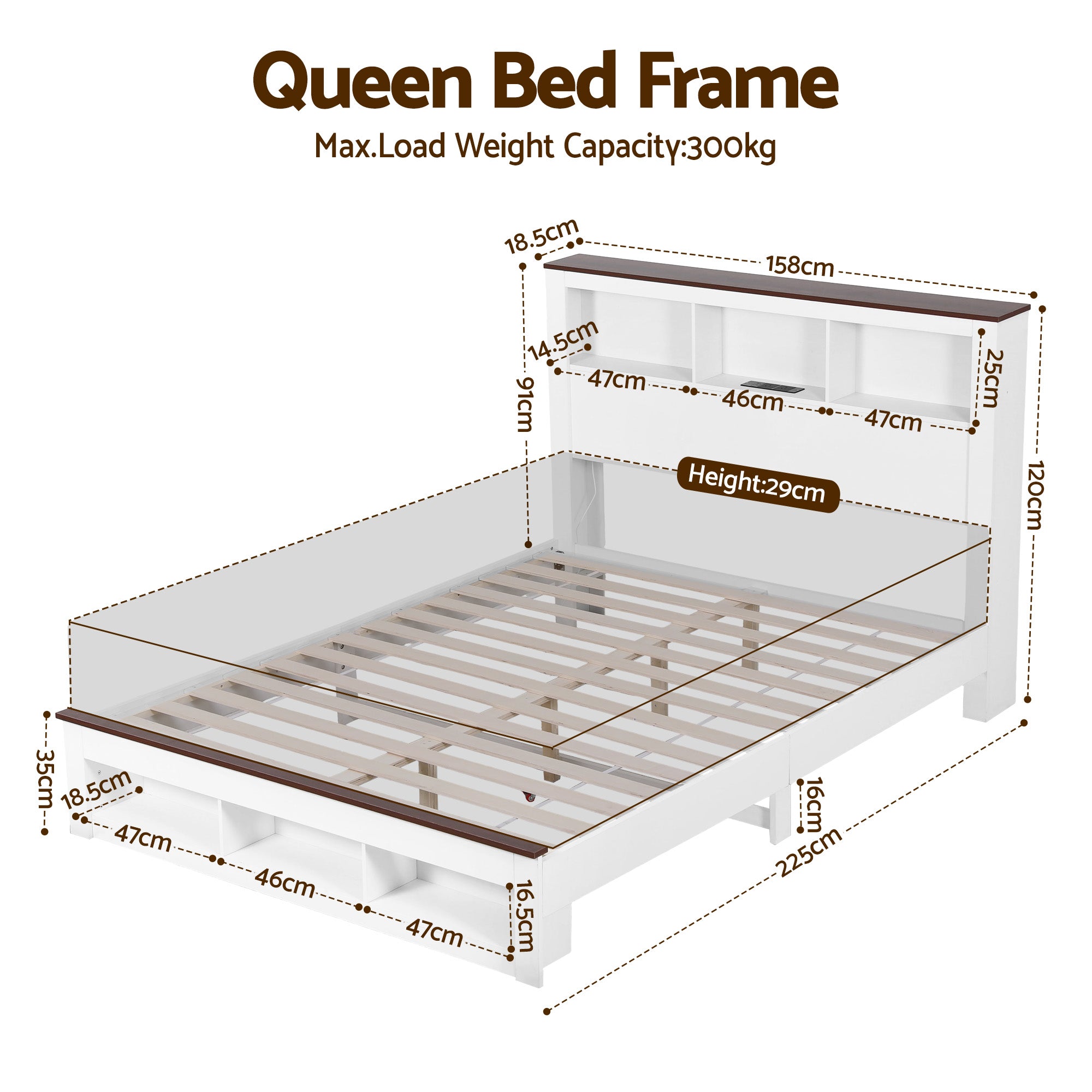 Artiss Queen Bed Frame with Storage Bookcase Headboard and Footboard White Wooden Platform Bed with Charging WBED-F-LYMES-Q-WH-ABC