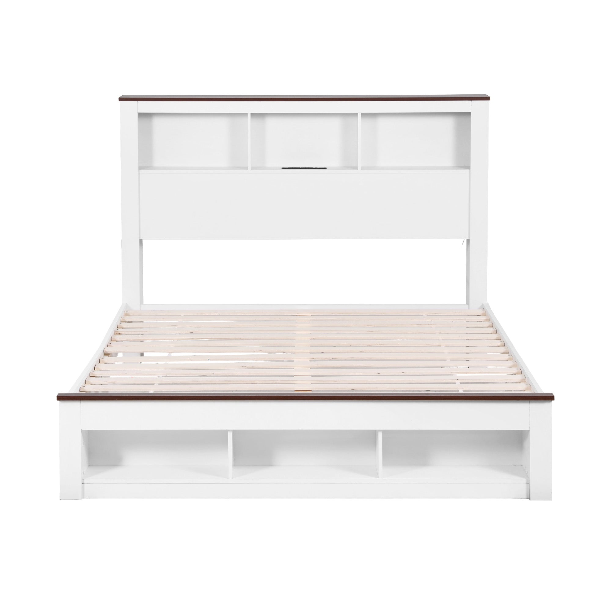 Artiss Queen Bed Frame with Storage Bookcase Headboard and Footboard White Wooden Platform Bed with Charging WBED-F-LYMES-Q-WH-ABC
