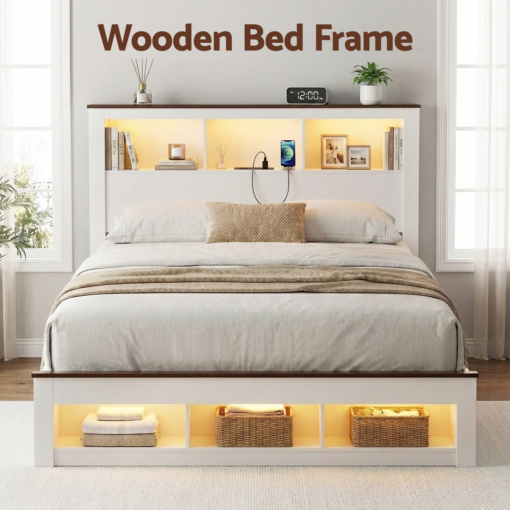 Artiss Queen Bed Frame with Storage Bookcase Headboard and Footboard White Wooden Platform Bed with Charging WBED-F-LYMES-Q-WH-ABC