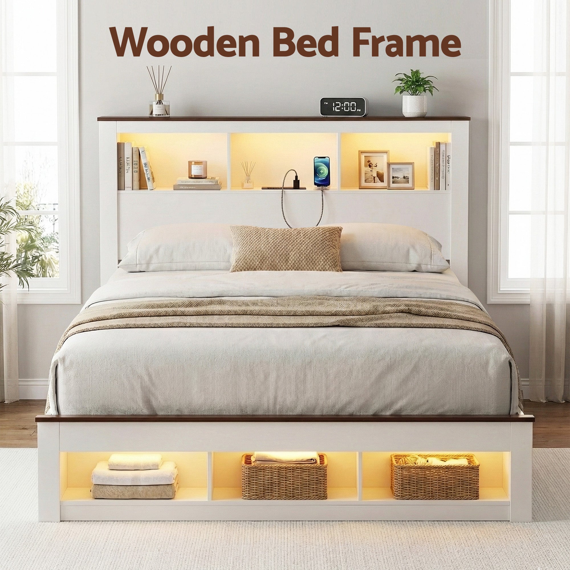 Artiss Queen Bed Frame with Storage Bookcase Headboard and Footboard White Wooden Platform Bed with Charging WBED-F-LYMES-Q-WH-ABC