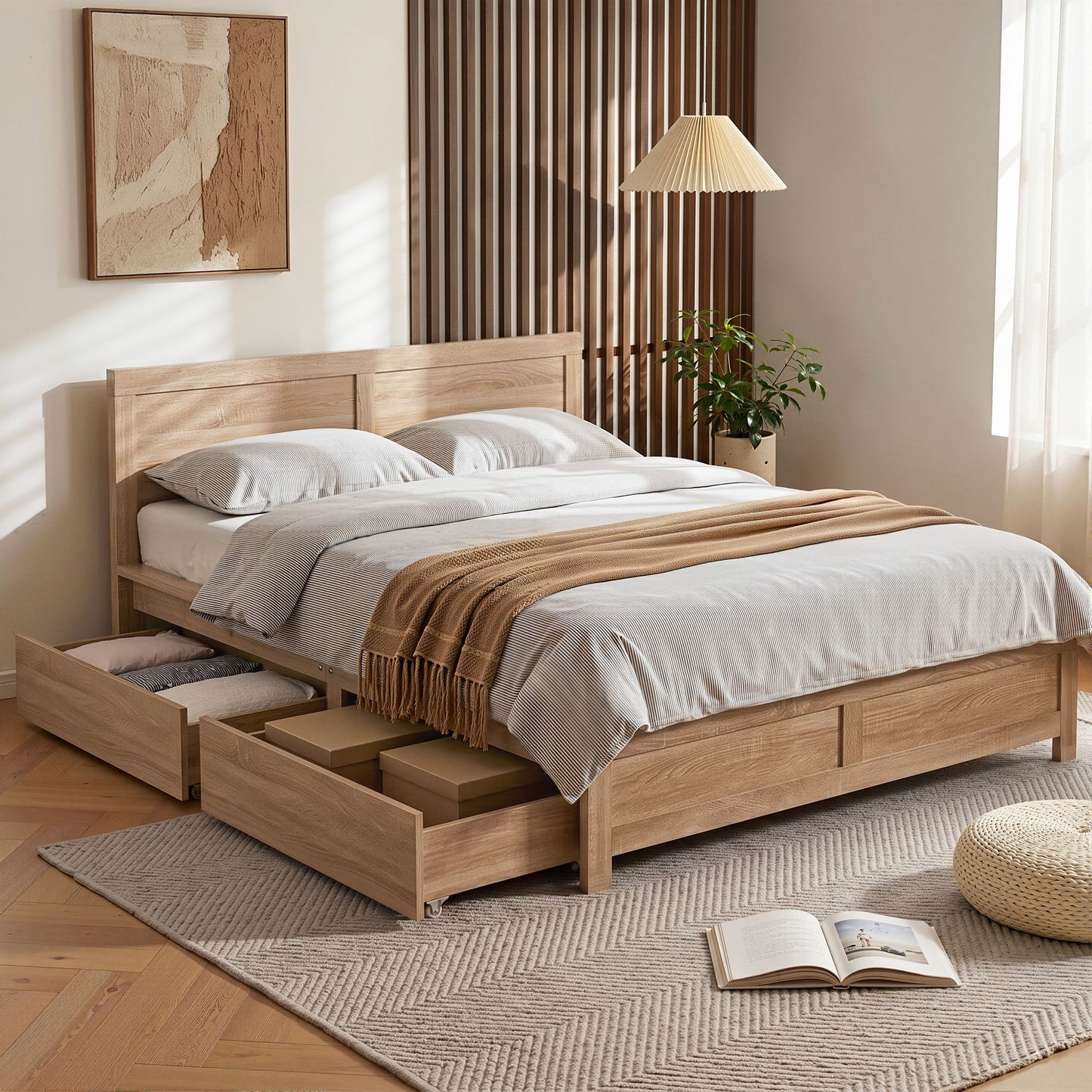 Artiss Double Bed Frame with 2 Drawers Bedroom Furniture WBED-F-OATMEAL-D-NA-DRAW