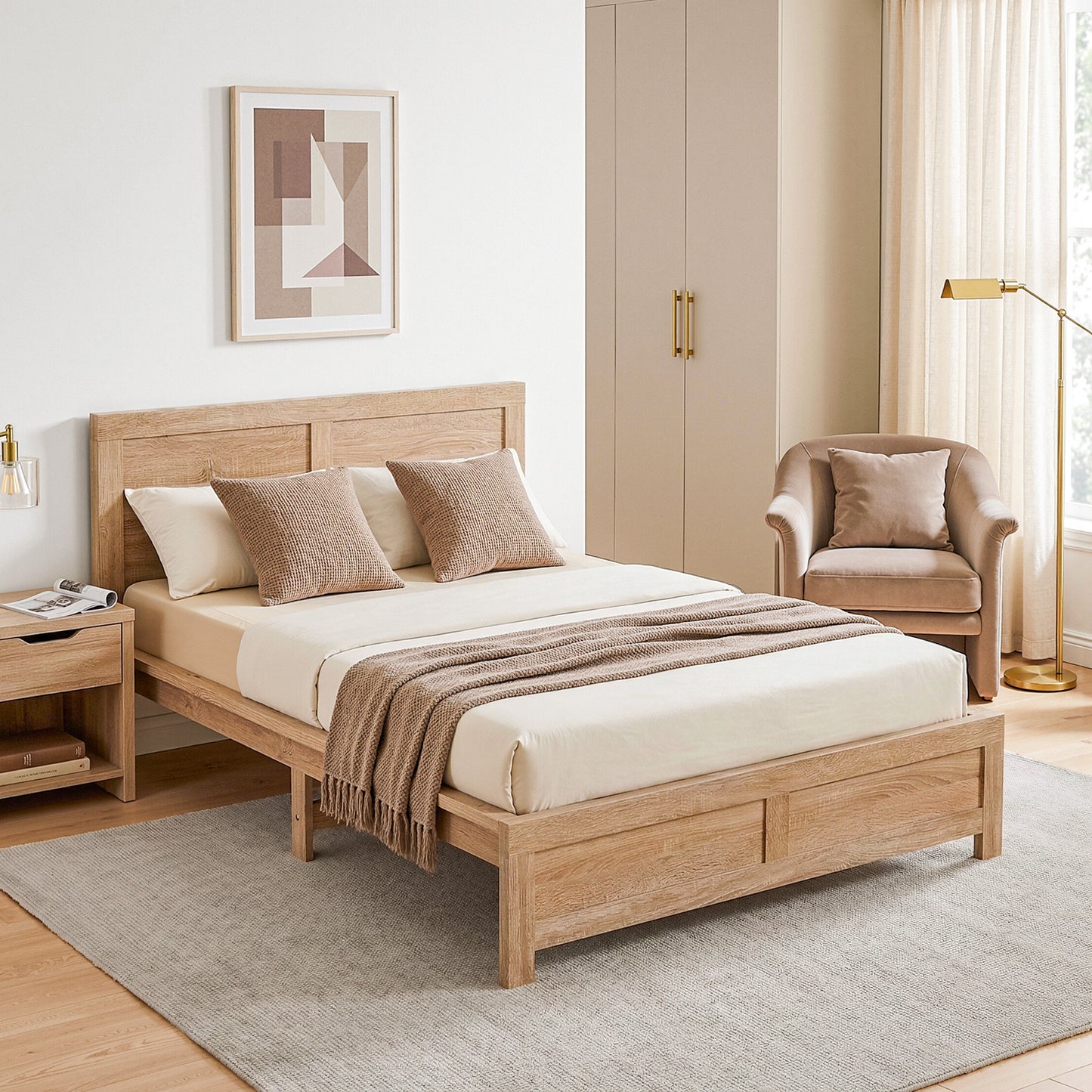 Artiss King Single Bed Frame Wooden Bed Base WBED-F-OATMEAL-KS-NA-AB