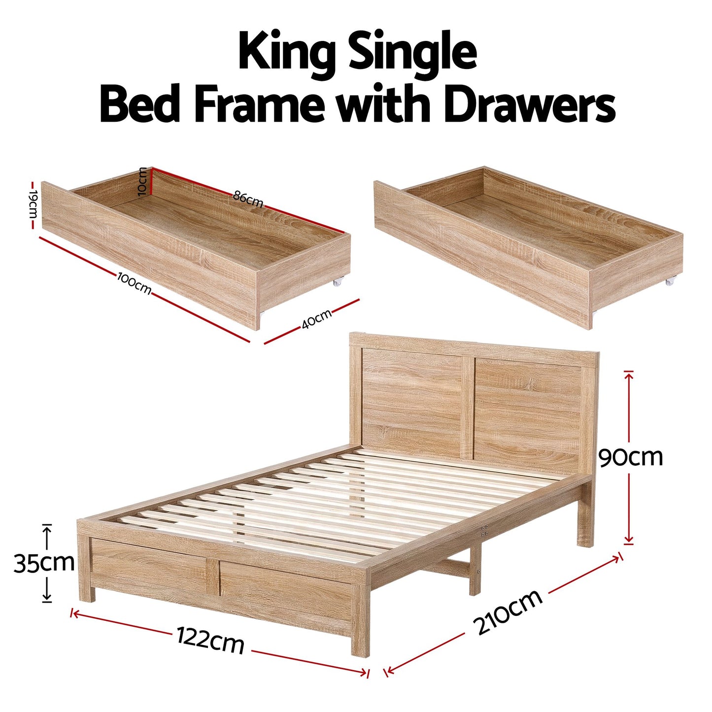 Artiss King Single Size Bed Frame with 2 Drawers Bedroom Furniture WBED-F-OATMEAL-KS-NA-DRAW