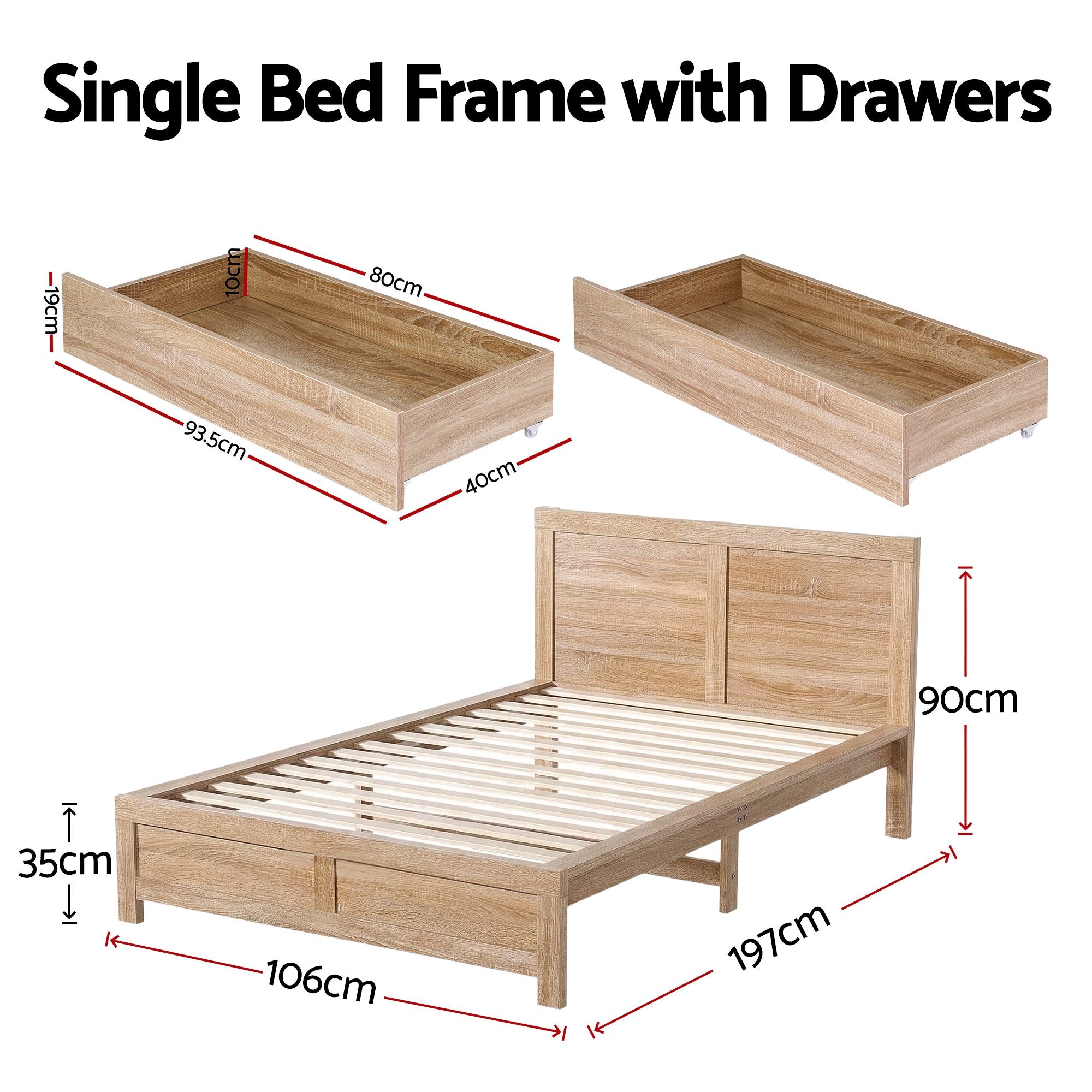 Artiss Single Bed Frame with 2 Drawers Wooden Bed Base Walnut WBED-F-OATMEAL-S-NA-DRAW