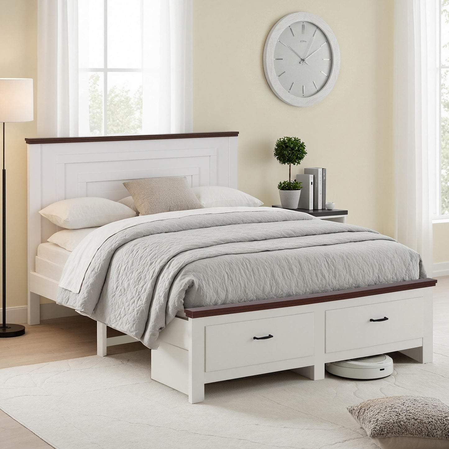 Artiss Double Wooden Bed Frame with 2 Drawer Platform Bed with 108cm Solid High Headboard White Bed Base for WBED-F-RAWDO-D-WH-ABC