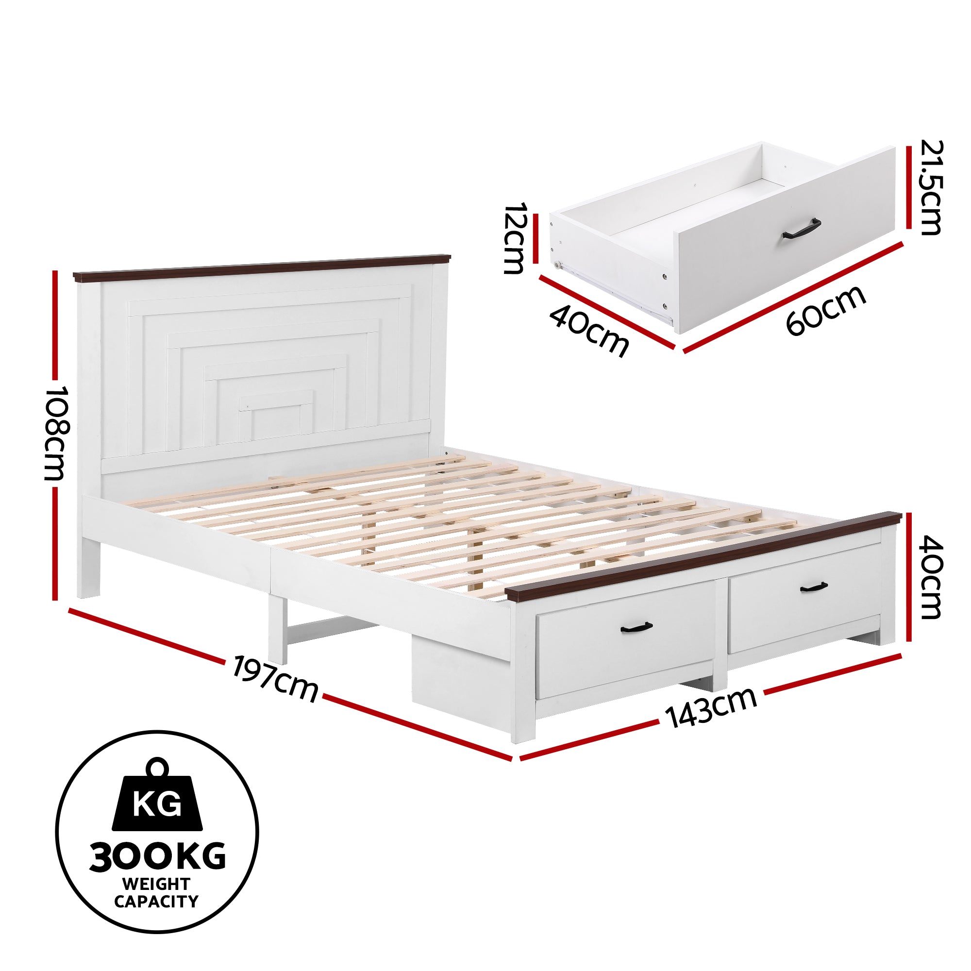 Artiss Double Wooden Bed Frame with 2 Drawer Platform Bed with 108cm Solid High Headboard White Bed Base for WBED-F-RAWDO-D-WH-ABC