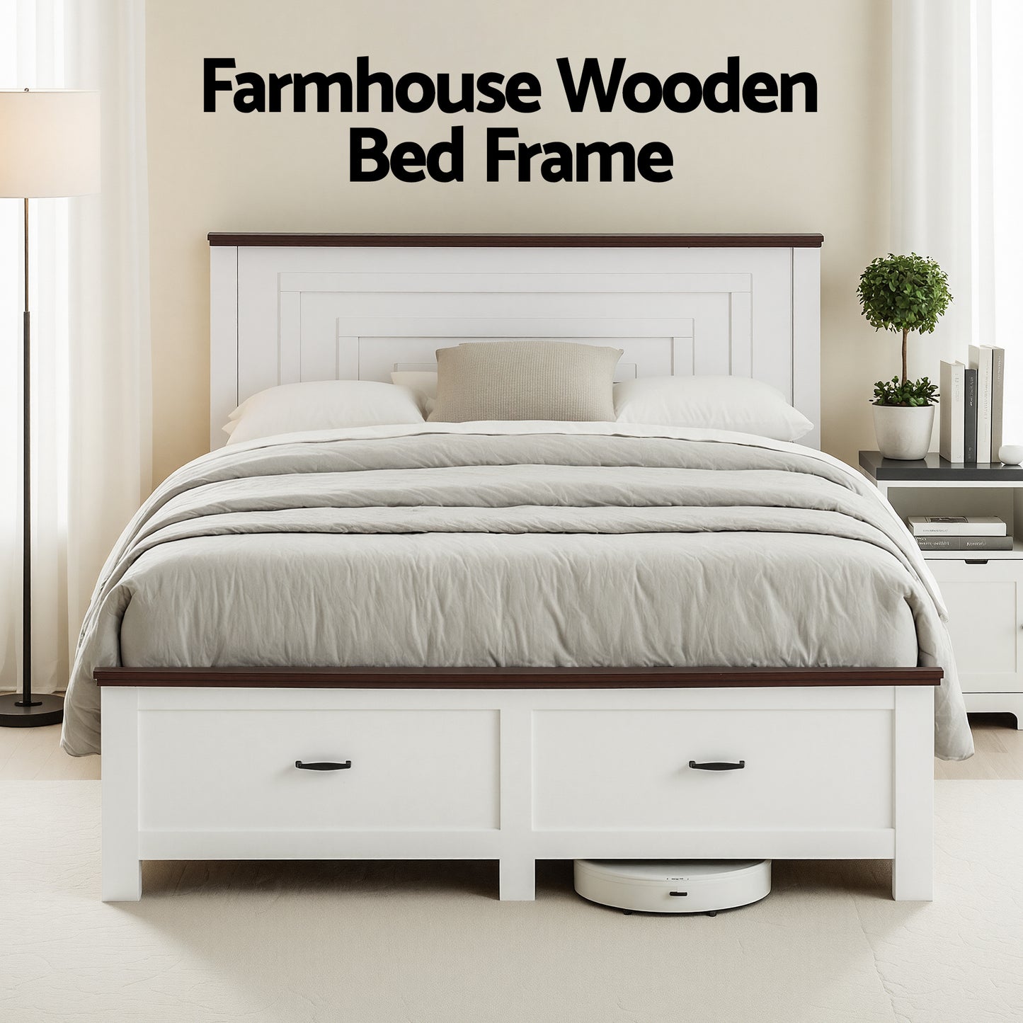 Artiss Double Wooden Bed Frame with 2 Drawer Platform Bed with 108cm Solid High Headboard White Bed Base for WBED-F-RAWDO-D-WH-ABC
