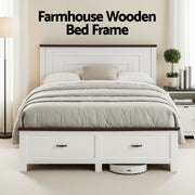 Artiss Double Wooden Bed Frame with 2 Drawer Platform Bed with 108cm Solid High Headboard White Bed Base for WBED-F-RAWDO-D-WH-ABC