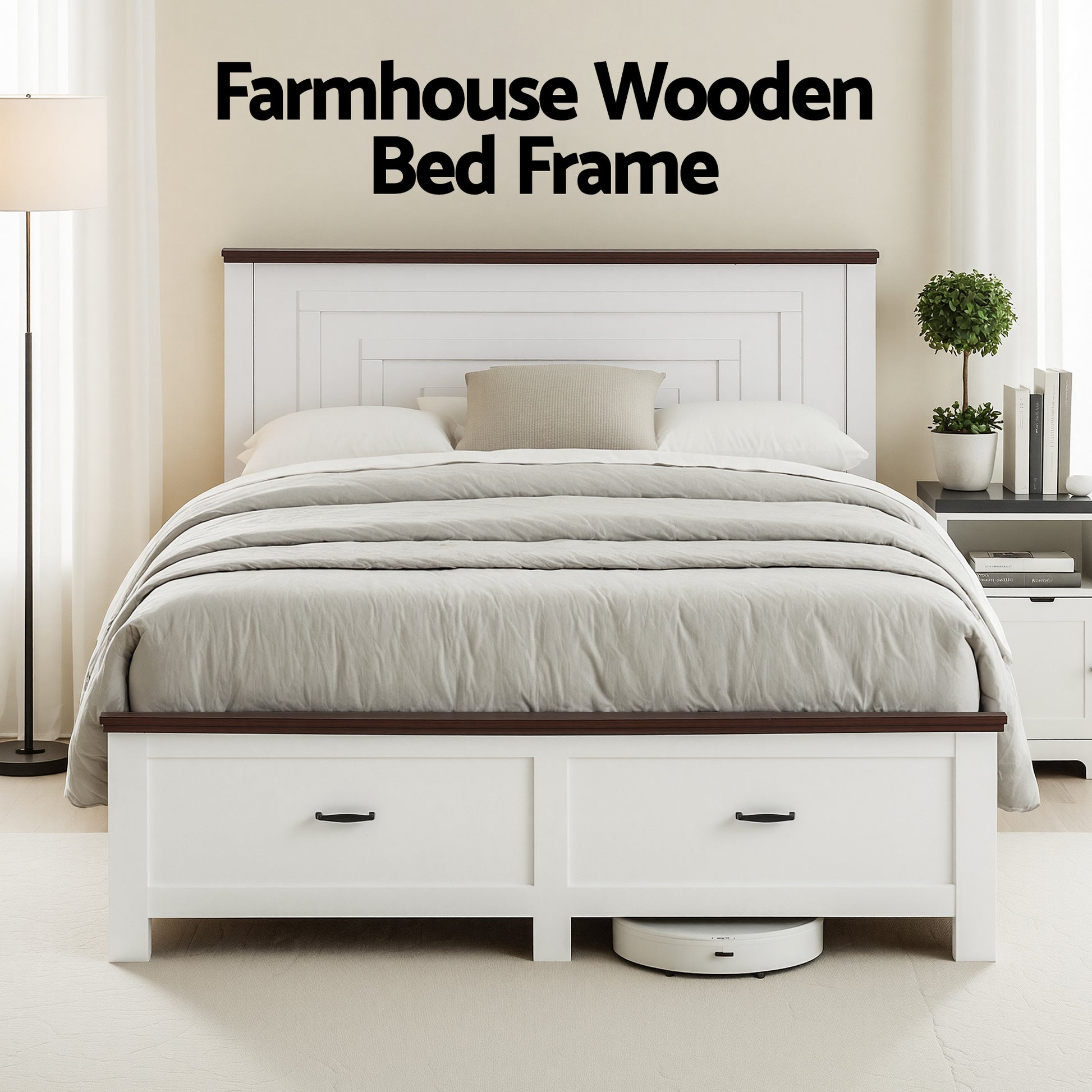 Artiss Double Wooden Bed Frame with 2 Drawer Platform Bed with 108cm Solid High Headboard White Bed Base for WBED-F-RAWDO-D-WH-ABC