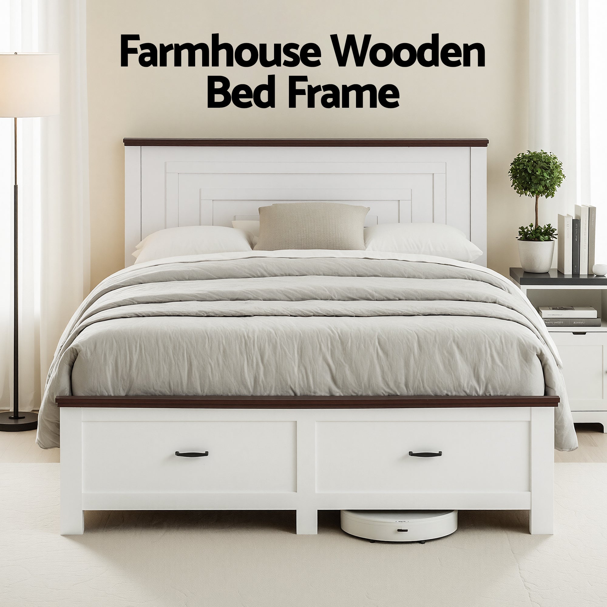 Artiss Double Wooden Bed Frame with 2 Drawer Platform Bed with 108cm Solid High Headboard White Bed Base for WBED-F-RAWDO-D-WH-ABC